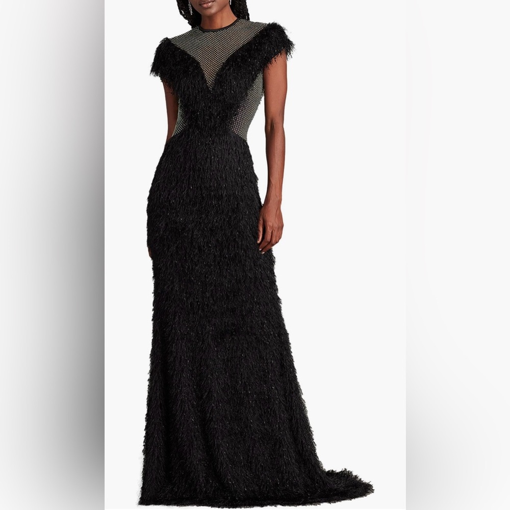 New Tadashi Shoji Crystal Embellished Eyelash Fringe Gown, Size XS/ 2